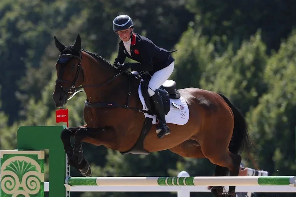 A female rider on a brown horse clears a jump during a showjumping round. She is wearing a black jacket, white jodhpurs and a black riding helmet. The jump has green and white barriers. Green trees are in the background.
